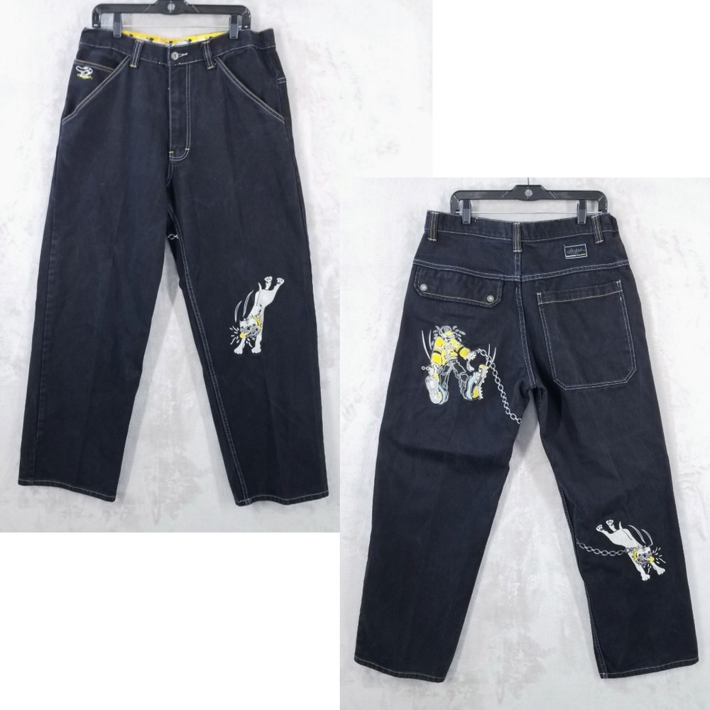 Vintage Paco Jeans Men 34/30 Black Embroidered Pitbull Graphic Streetwear Denim
